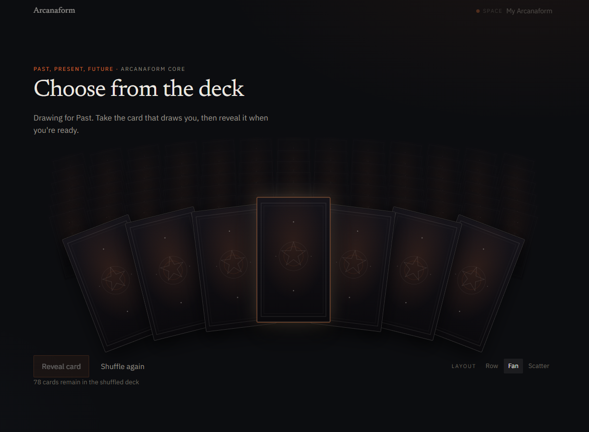 Arcanaform tarot journal interface showing a reading layout