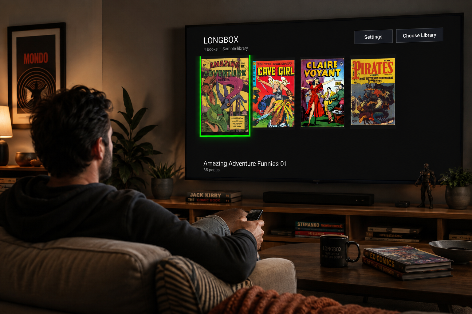 Longbox comic reader displayed on a television in a living room