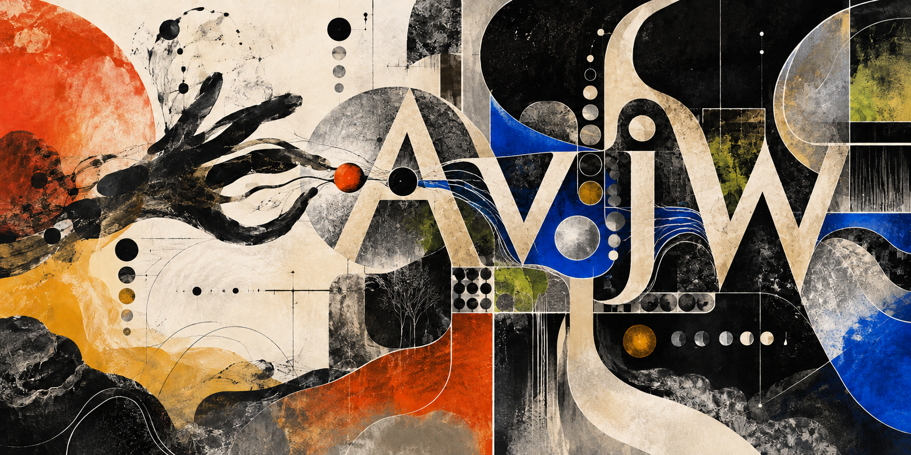 Mixed-media composition of charcoal gesture, geometric arcs, and color fields with the AVjW letterforms embedded across the center and right of the frame.